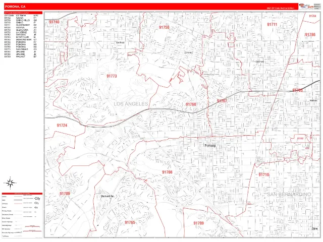 Pomona, CA ZIP Code Wall Map, RedLine style