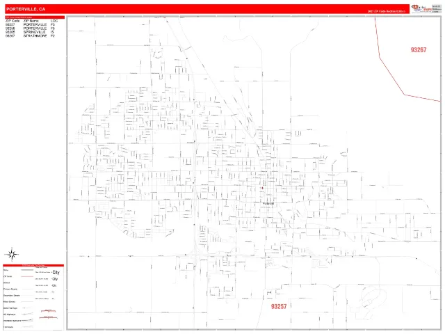 Porterville, CA ZIP Code Wall Map, RedLine style