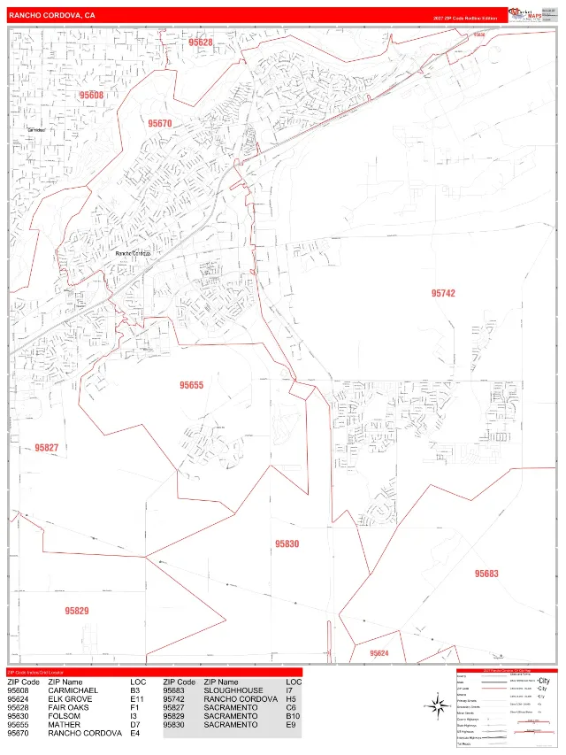 Rancho Cordova, CA ZIP Code Wall Map, RedLine style
