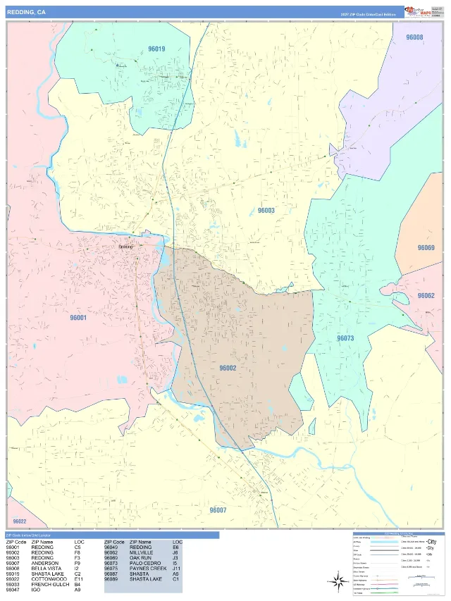 Redding, CA ZIP Code Wall Map, ColorCast style