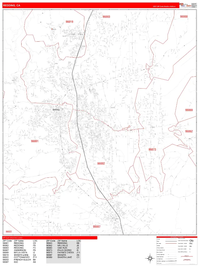 Redding, CA ZIP Code Wall Map, RedLine style
