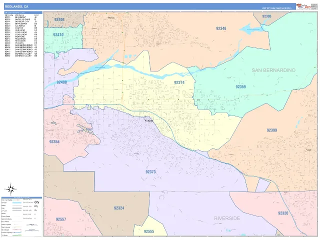 Redlands, CA ZIP Code Wall Map, ColorCast style