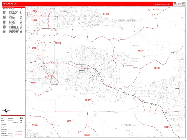 Redlands, CA ZIP Code Wall Map, RedLine style