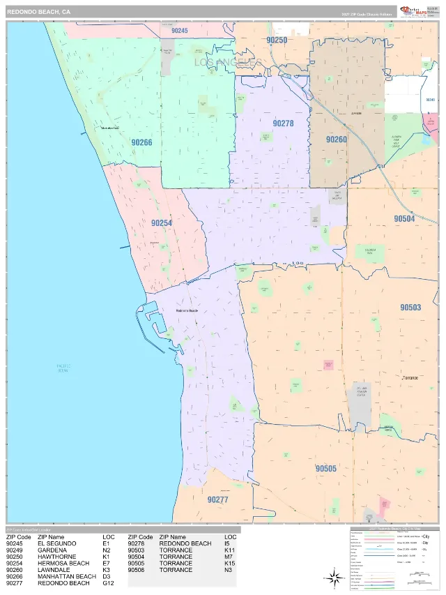 Redondo Beach, CA ZIP Code Wall Map, Classic style