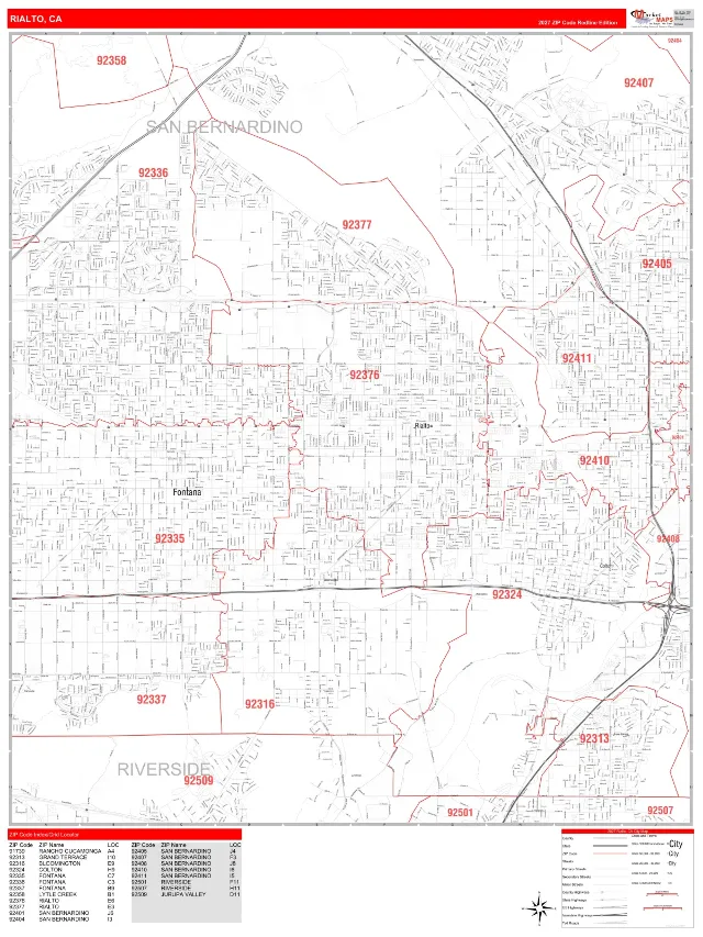 Rialto, CA ZIP Code Wall Map, RedLine style
