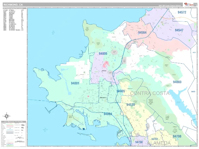 Richmond, CA ZIP Code Wall Map, Classic style
