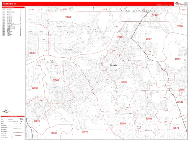 Riverside, CA ZIP Code Wall Map, RedLine style