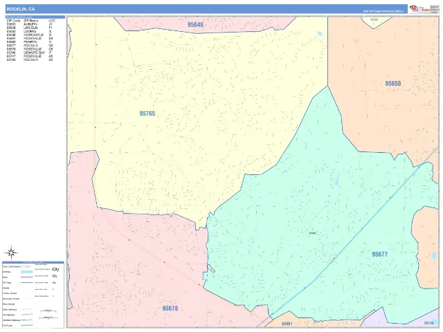 Rocklin, CA ZIP Code Wall Map, ColorCast style