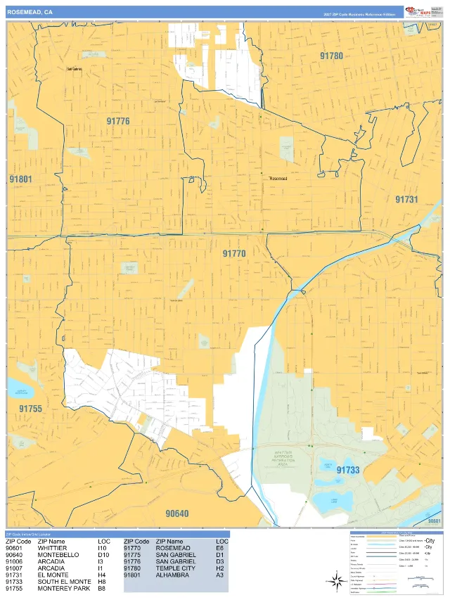 Rosemead, CA ZIP Code Wall Map, Business Reference style