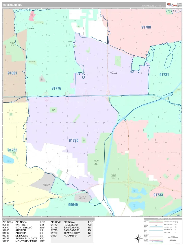 Rosemead, CA ZIP Code Wall Map, Classic style