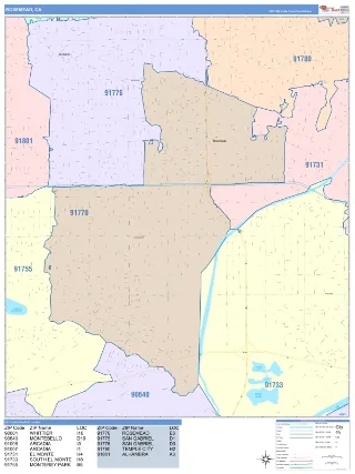 Rosemead, CA ColorCast style ZIP Code wall map