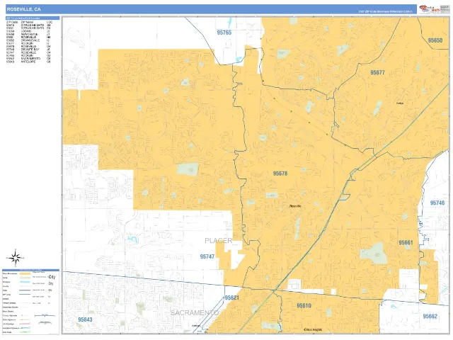 Roseville, CA ZIP Code Wall Map, Business Reference style