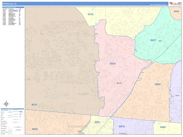 Roseville, CA ZIP Code Wall Map, ColorCast style