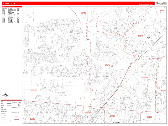 Roseville, CA ZIP Code Wall Map, RedLine style