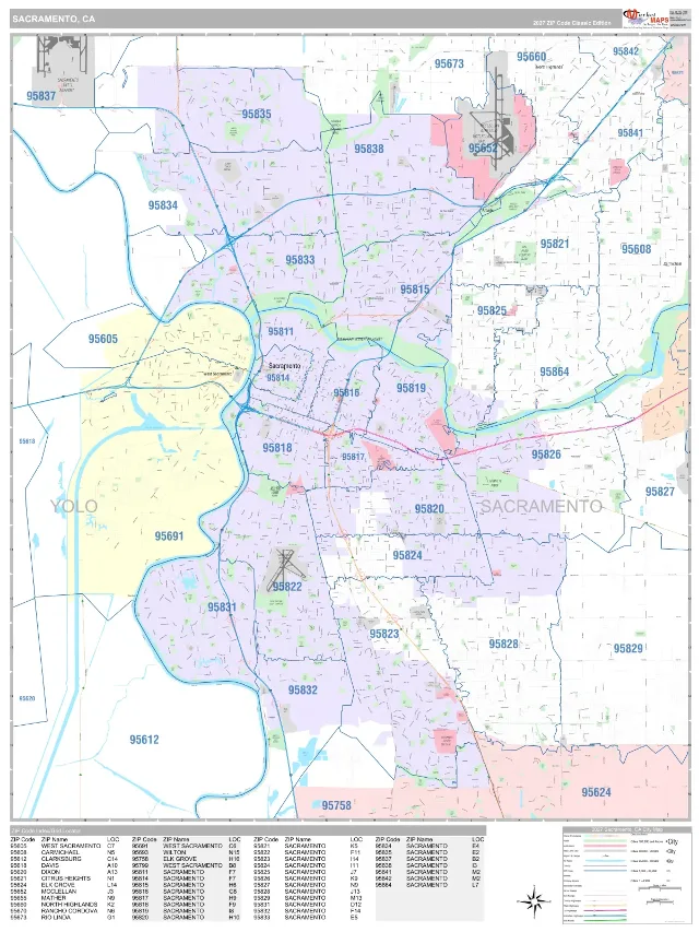 Sacramento, CA ZIP Code Wall Map, Classic style