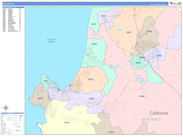 Salinas, CA ZIP Code Wall Map, ColorCast style