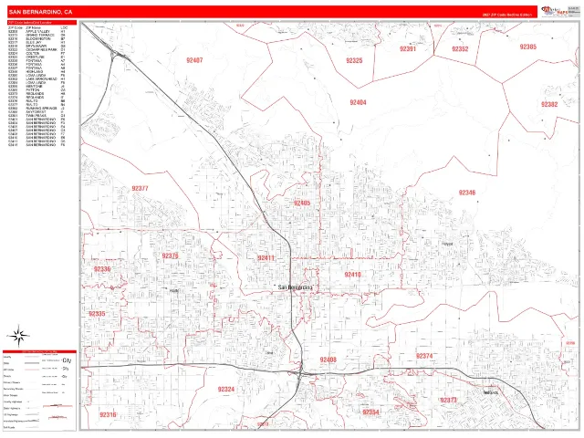 San Bernardino, CA ZIP Code Wall Map, RedLine style
