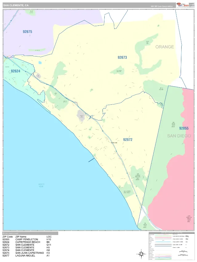 San Clemente, CA ZIP Code Wall Map, Classic style