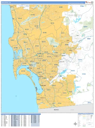 San Diego, CA Business Reference style ZIP Code wall map
