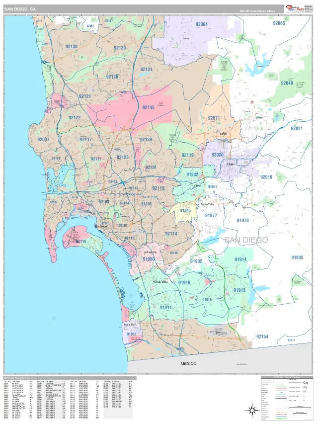 San Diego, CA ZIP Code Wall Map, Classic style