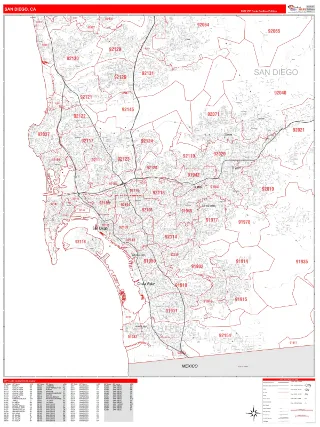 San Diego, CA RedLine style ZIP Code wall map