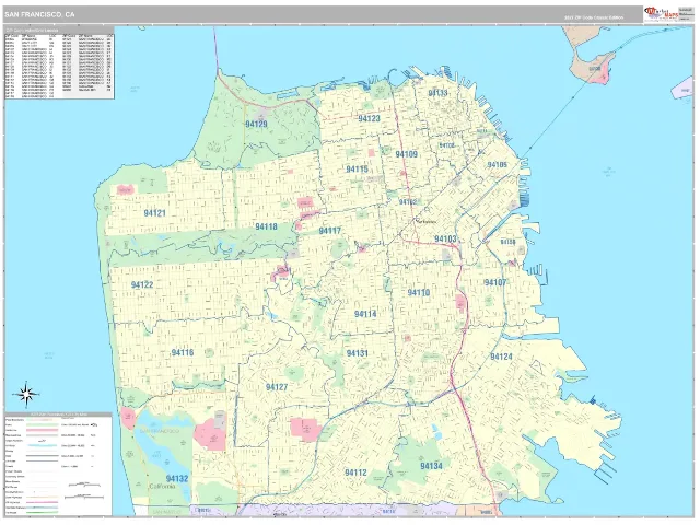 San Francisco, CA ZIP Code Wall Map, Classic style