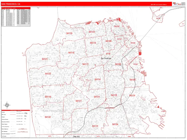 San Francisco, CA ZIP Code Wall Map, RedLine style