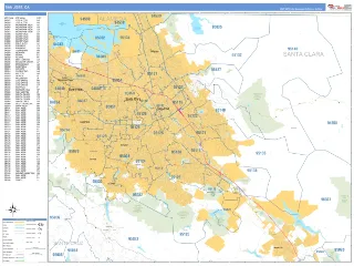 San Jose, CA Business Reference style ZIP Code wall map