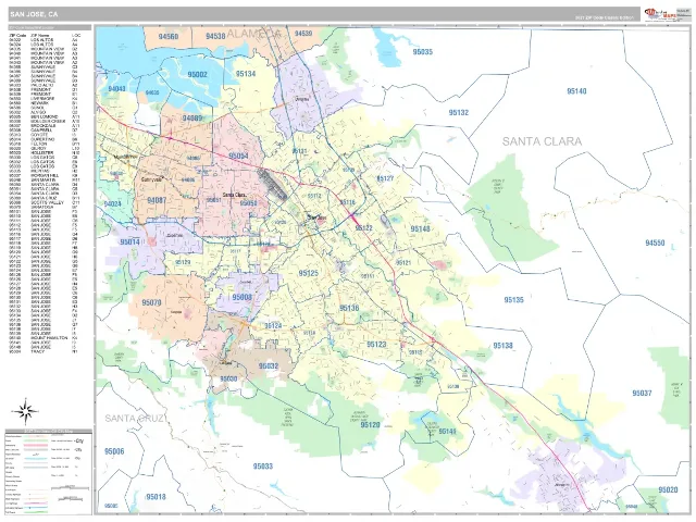 San Jose, CA ZIP Code Wall Map, Classic style