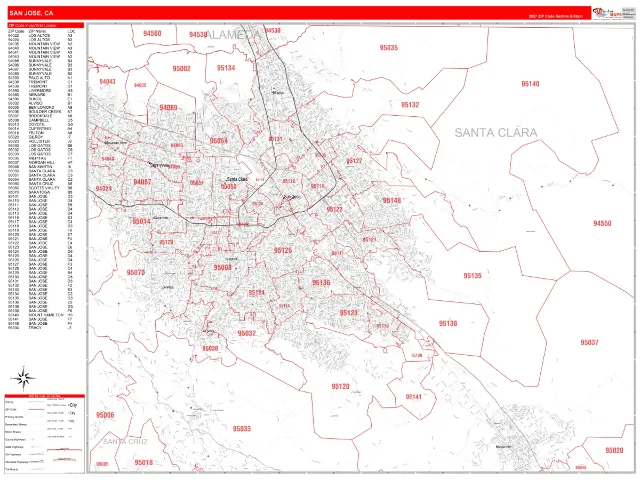 San Jose, CA ZIP Code Wall Map, RedLine style