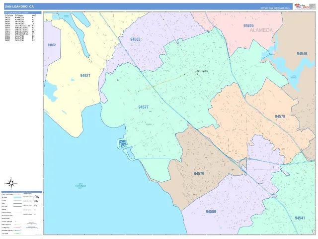 San Leandro, CA ZIP Code Wall Map, ColorCast style