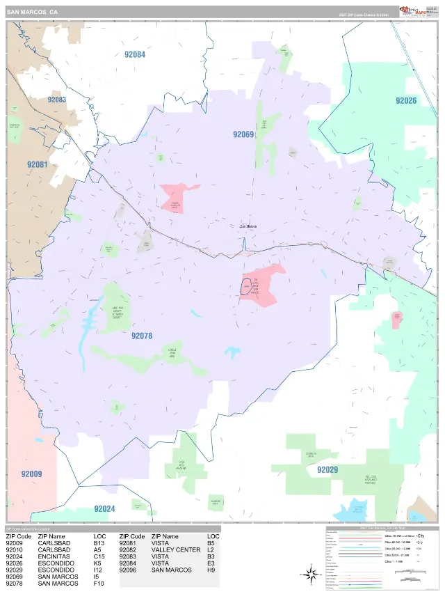 San Marcos, CA ZIP Code Wall Map, Classic style