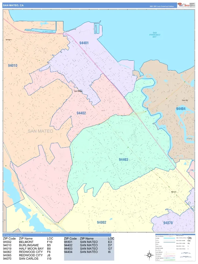 San Mateo, CA ZIP Code Wall Map, ColorCast style