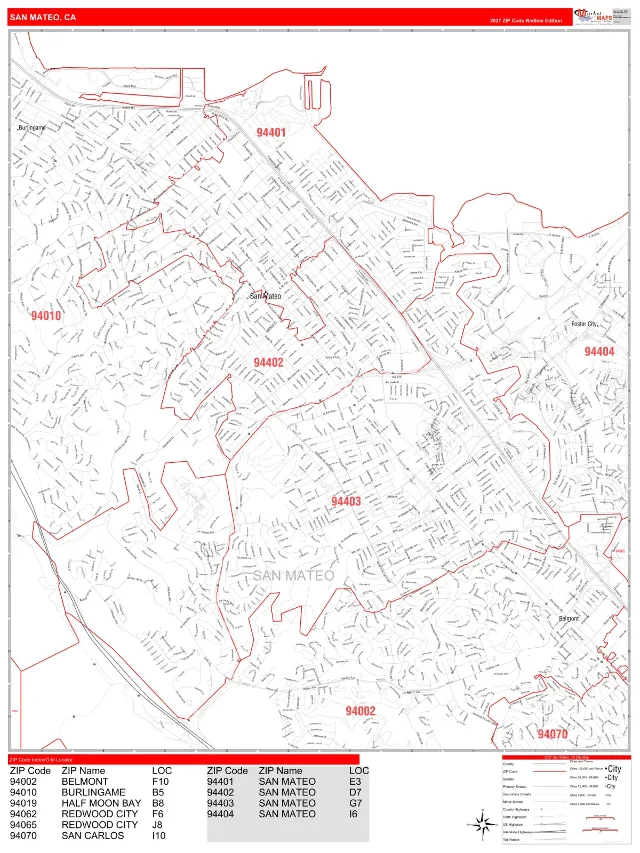 San Mateo, CA ZIP Code Wall Map, RedLine style