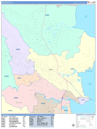 San Rafael, CA ColorCast style ZIP Code wall map