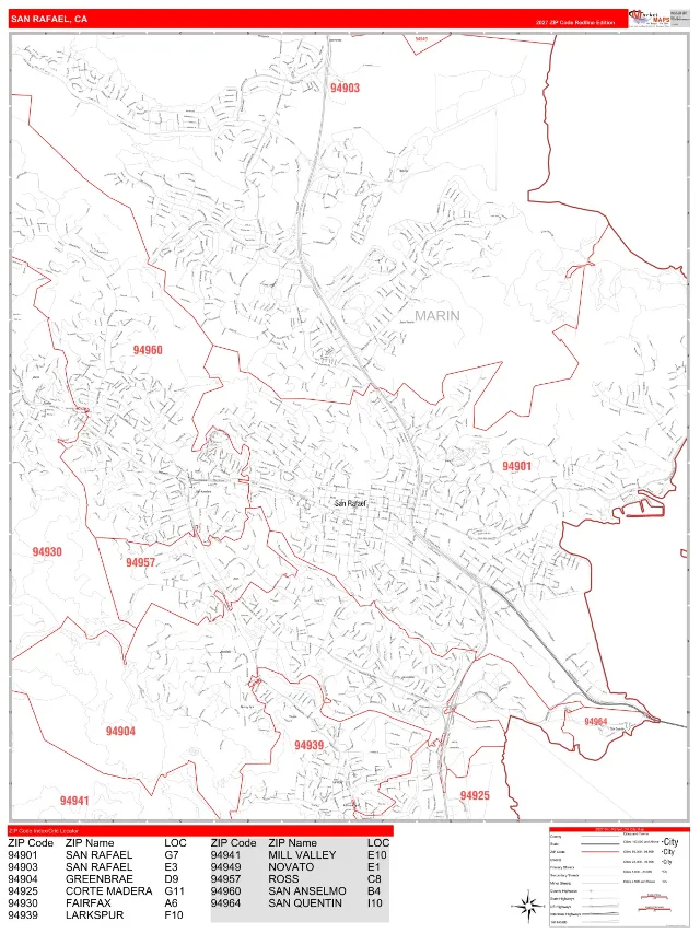 San Rafael, CA ZIP Code Wall Map, RedLine style
