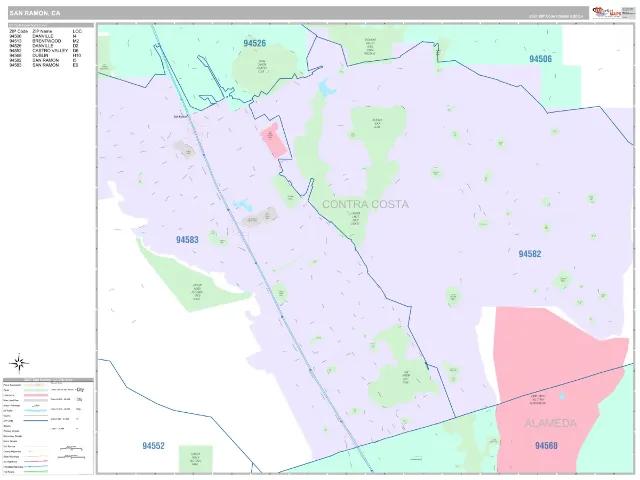 San Ramon, CA ZIP Code Wall Map, Classic style
