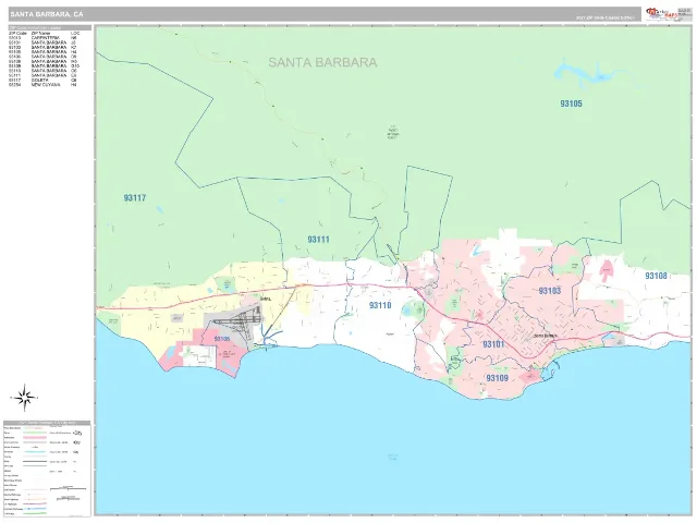 Santa Barbara, CA ZIP Code Wall Map, Classic style