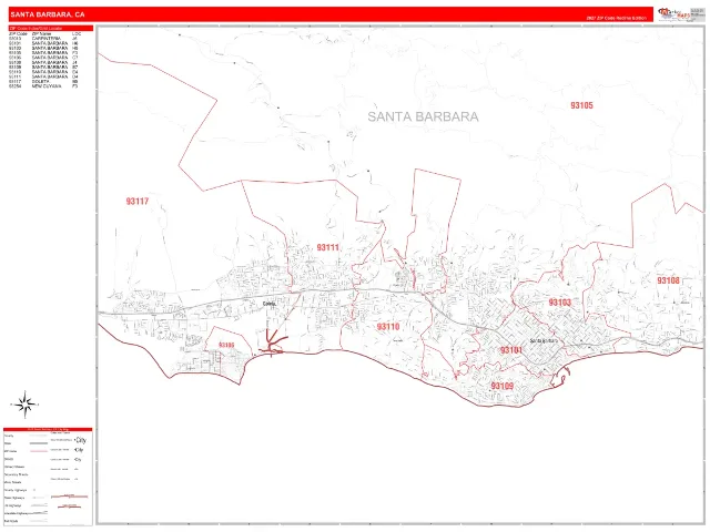 Santa Barbara, CA ZIP Code Wall Map, RedLine style