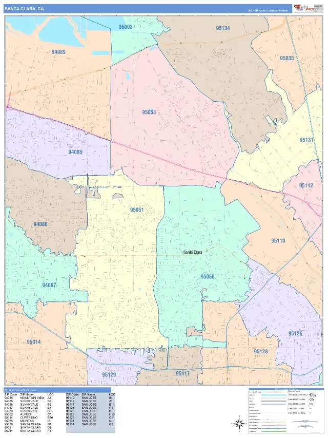Santa Clara, CA ZIP Code Wall Map, ColorCast style