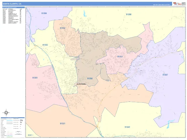 Santa Clarita, CA ZIP Code Wall Map, ColorCast style