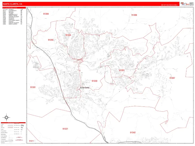 Santa Clarita, CA ZIP Code Wall Map, RedLine style