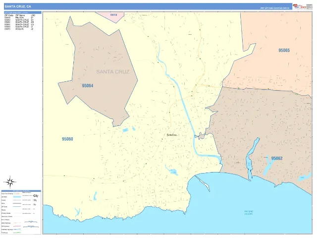 Santa Cruz, CA ZIP Code Wall Map, ColorCast style