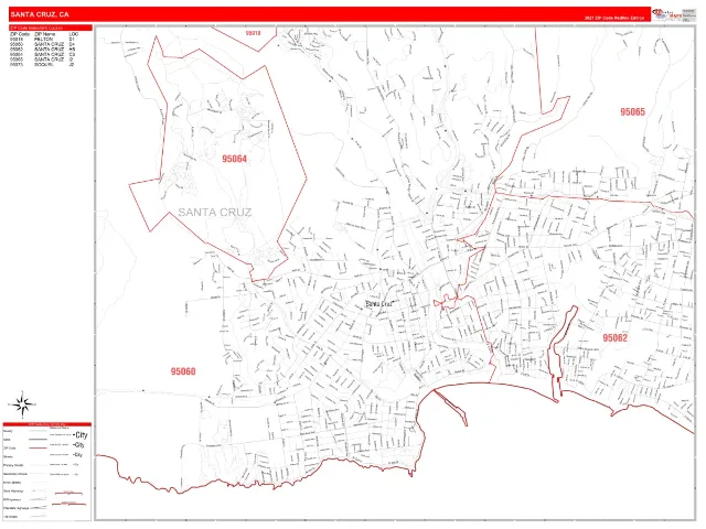 Santa Cruz, CA ZIP Code Wall Map, RedLine style
