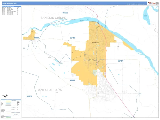 Santa Maria, CA ZIP Code Wall Map, Business Reference style