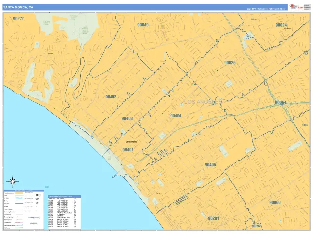 Santa Monica, CA ZIP Code Wall Map, Business Reference style