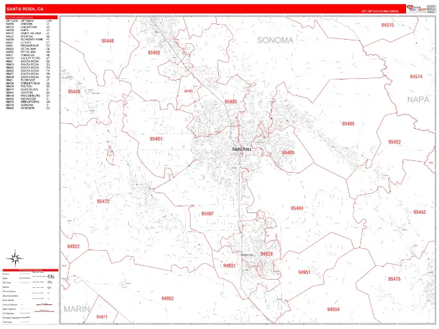 Santa Rosa, CA ZIP Code Wall Map, RedLine style