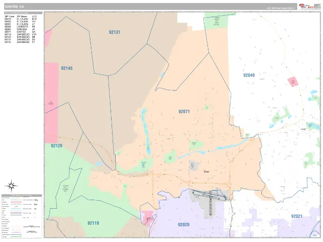 Santee, CA ZIP Code Wall Map, Classic style