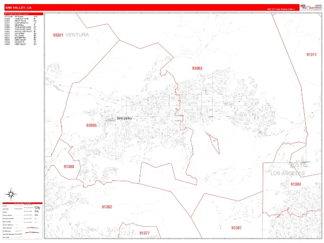 Simi Valley, CA ZIP Code Wall Map, RedLine style