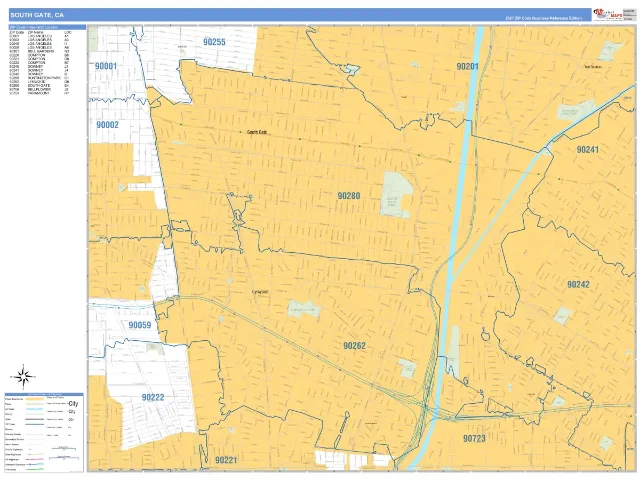 South Gate, CA ZIP Code Wall Map, Business Reference style